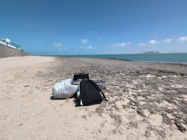 Fishing gear and an ocean view.