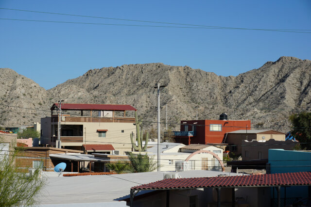 Homes and a mountain.